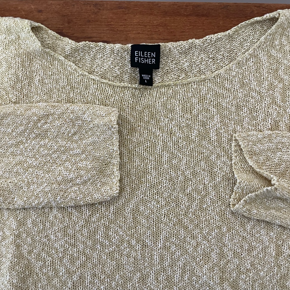 Eileen Fisher Cotton Open Knit Scoop Neck Lightweight Sweater Yellow Womens L